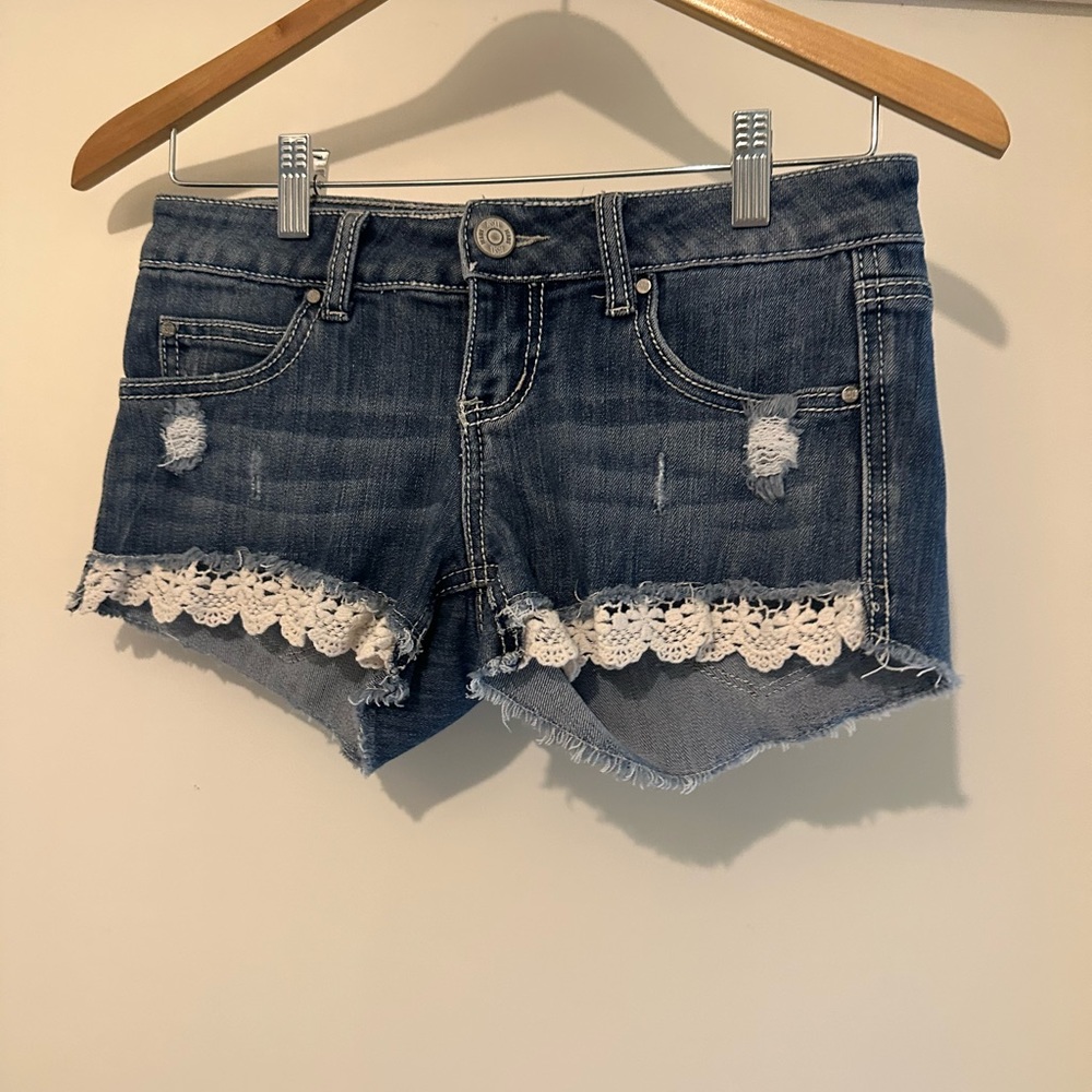 RSQ denim crochet detail shorts (Tilly’s)